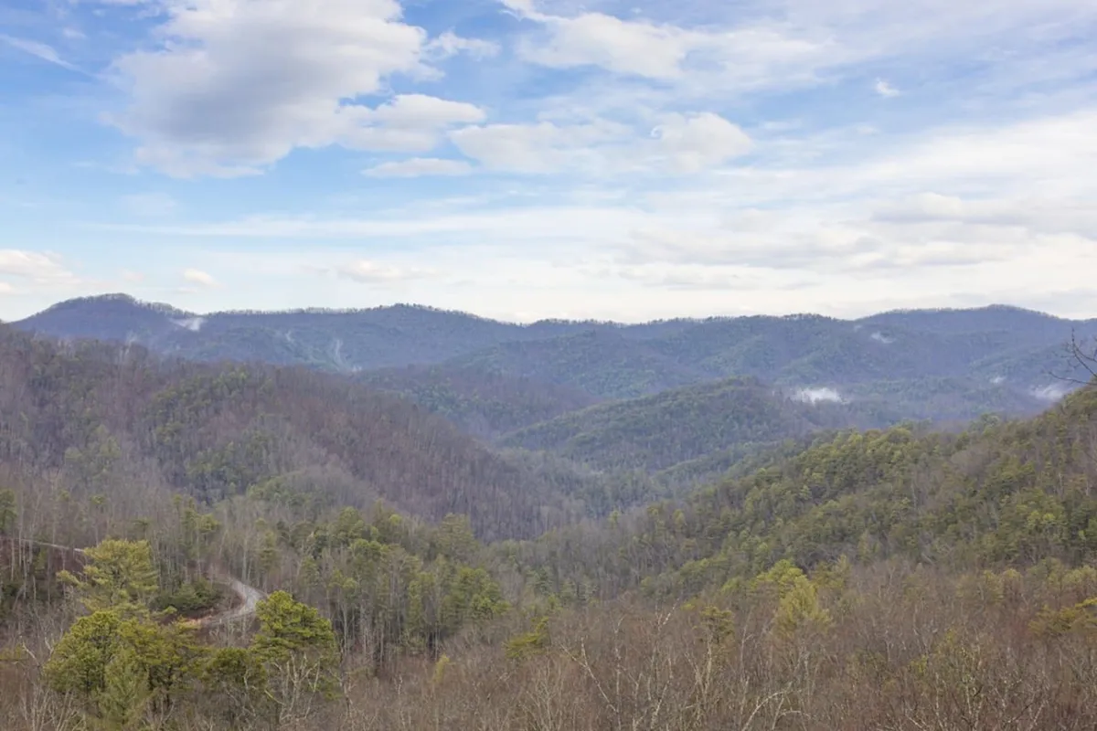 Breathtaking mountain ranges under a cloudy sky with a winding road visible, suggesting exploration and adventure. The landscape is tranquil and expansive, perfect for hiking, wildlife watching, and scenic drives.